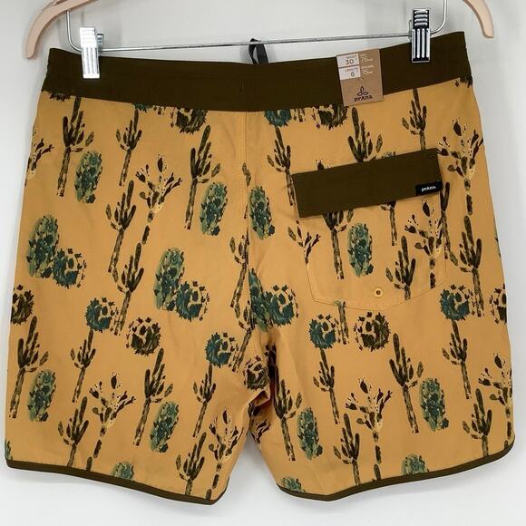 prAna Size 30 Yellow 6” Vintage Swim Boardshorts Morro Cactus Swim Trunks Q3-14 - Picture 4 of 10
